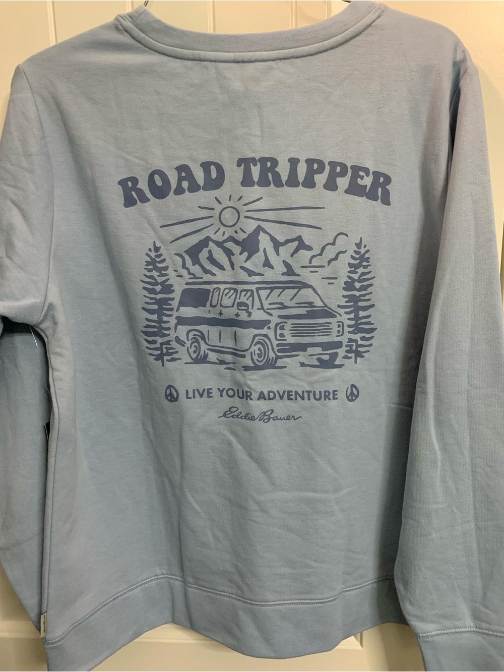 Eddie Bauer Light Blue Crewneck with Navy 'Road Tripper' Graphic